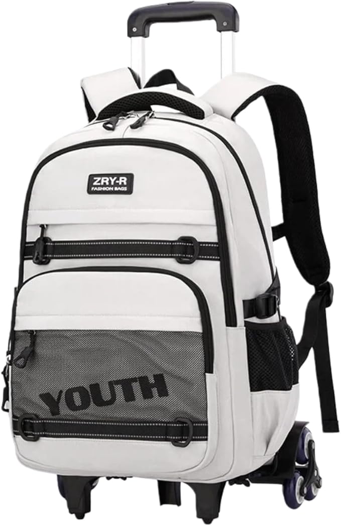 EKUIZAI Kids Rolling Wheeled Backpack for Boys Girls Roller Middle School Backpack with Wheels Rolling Bookbag Trolley Bag for Kids，6 Wheels White