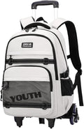 EKUIZAI Kids Rolling Wheeled Backpack for Boys Girls Roller Middle School Backpack with Wheels Rolling Bookbag Trolley Bag for Kids，6 Wheels White
