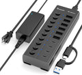 Powered USB Hub, 10-Port USB C Hub with 6 USB-A 3.2, 4 USB-C 3.2 Ports, Individual Switches and 12V/5A Power Adapter, Aluminum USB Extension for MacBook, Laptop/PC and More(Black)