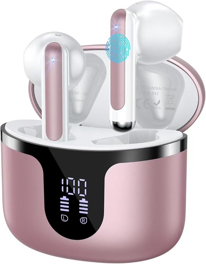 Wireless Earbuds, Bluetooth 5.4 Headphones HiFi Stereo with 4 HD Mic, 50H Playtime Bluetooth Earbuds with Dual LED Display, IPX7 Waterproof Wireless Earphones, Touch Control Ear Buds,USB-C, Rosa Gold