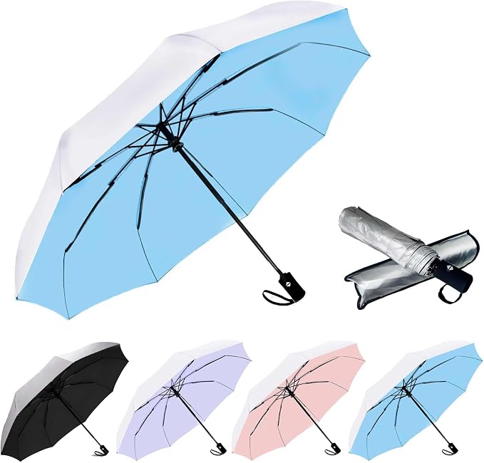 SIEPASA Compact Travel Umbrella - Windproof Auto Open/Close, Small Folding Umbrella for Rain & Sun with UPF50+ - Lightweight Frame, Waterproof - Fits Backpack, Purse, Suitcase.(Silver/Blue)