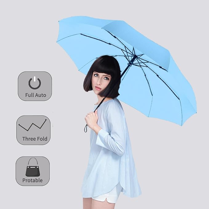 SIEPASA Two Packs Auto Open & Close Small Travel Umbrella Compact for Backpack-Umbrellas for Rain, Lightweight Strong Mini Portable Umbrellas for Men and Women.. (Black & Light Blue, 2 Pack)