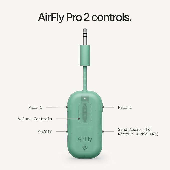AirFly Pro 2 – Bluetooth Adapter for Airplane, Pair 2 AirPods or Wireless Headphones – 3.5mm AUX Bluetooth Transmitter for Cars, Boats, Treadmills, TVs– Airplane Travel Essentials, Mint Ice