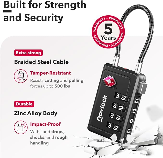 Luggage Locks TSA Approved with Inspection Indicator and Resettable 4-Digit, Easy-to-Read Combination, TSA Locks for Luggage, Suitcases, Backpacks & Travel Bags, Black, 2-Pack