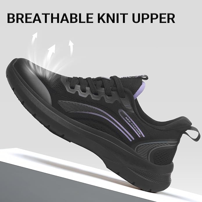 Treesky Black Non Slip Work Shoes for Women, Restaurant & Kitchen Sneakers | Slip resistant soles, lightweight cushioning, breathable knit, removable insole, for nursing, food service & long shifts