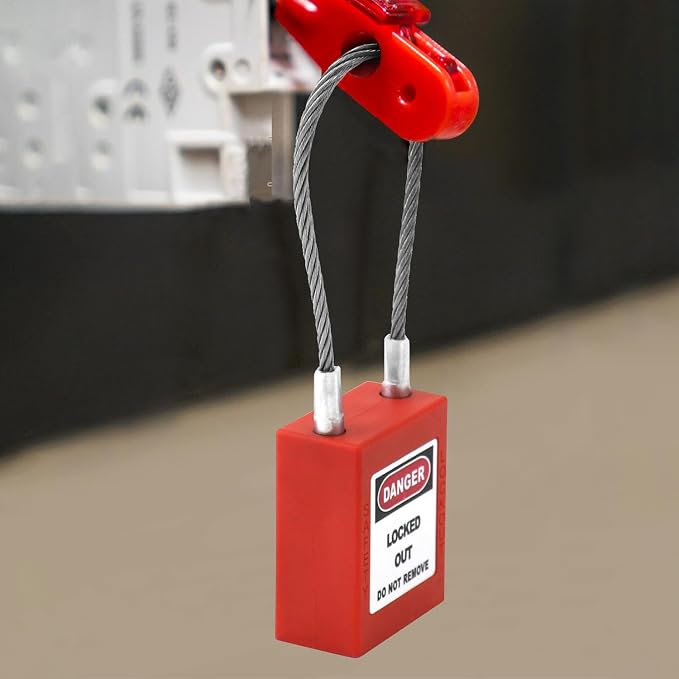 QWORK Lockout Tagout Steel Cable Locks, 10 Pack Compact Cable Padlock with 20 Keys, Red Keyed Different Electrical Lockout Padlock Set