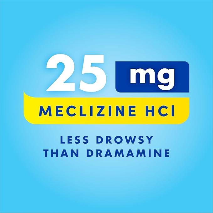 Bonine 48 ct. Non Drowsy Motion Sickness Relief, Sea Sickness, Car Sickness, Nausea, & Vomiting - Meclizine HCI 25mg, Travel-Sized - Raspberry Chewable Tablets