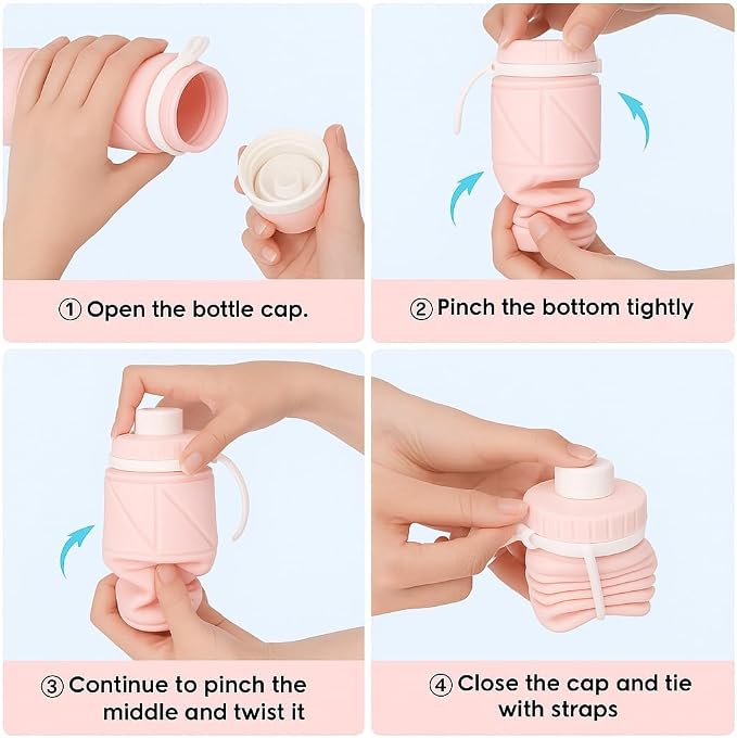 Folding Silicone Water Bottle | Collapsible Travel Water Bottle for Gym, Office, School, Cycling, Hiking & Outdoor Sports | Leak-Proof, Portable Bottle | 600 Ml (Pink)