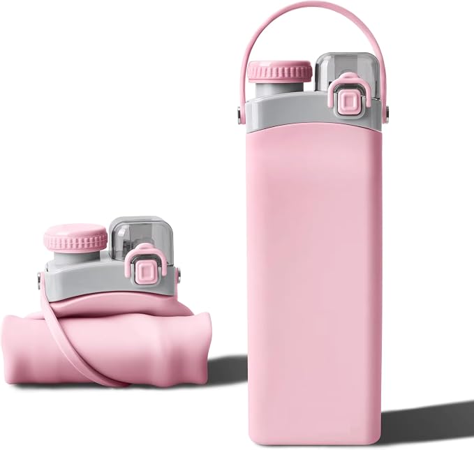 Collapsible Silicone Water Bottle || 600 ML Folding Water Bottle With Straw And Hook || Portable Water Bottle For Hiking, Camping, Sports, Road Trips, Outdoor (Pack Of 1) (Pink)