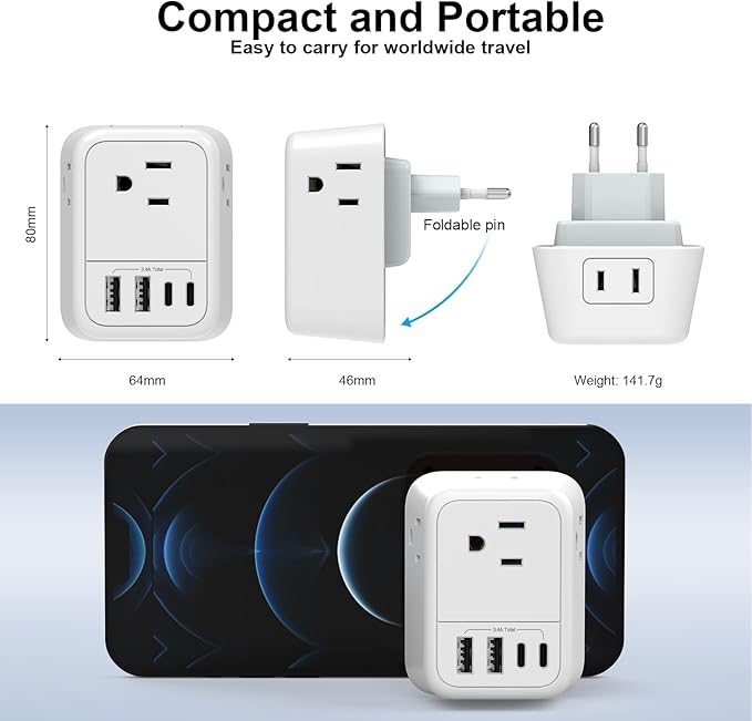 VYLEE Travel Adapter with 4 AC Outlets and 4 USB Ports - European Foldable International Power Adapter, Type C Plug Adapter Travel Essentials to Most Europe EU Spain Italy France Germany [1 Pack]