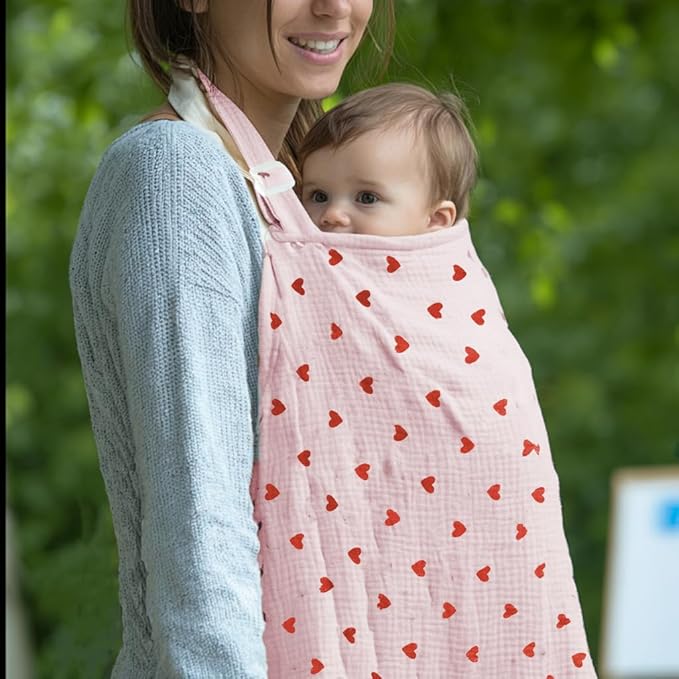 Muslin Nursing Covers for Breastfeeding, Arch Neckline Breast Feeding Covers for Women, Moms Privacy Breathable Summer Nursing Apron,Enlarged Soft Feeding Cover (Blush Red Heart)