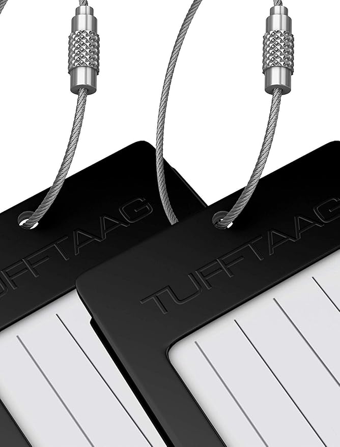 Luggage Tags Business Card Holder by TUFFTAAG - Durable Travel ID Bag Tag, Black Steel, 2 Tags