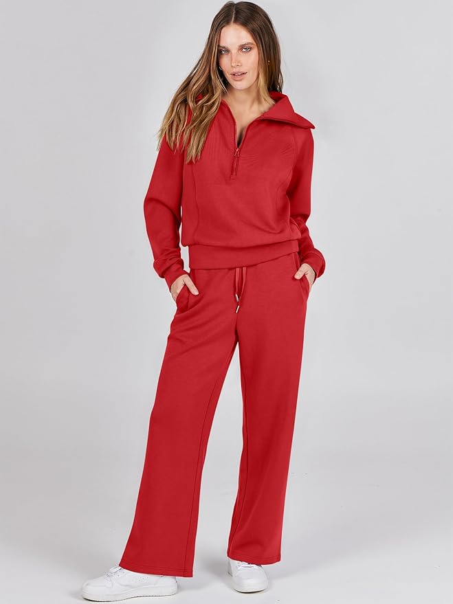 ANRABESS Women’s 2 Piece Outfits Half Zip Sweatshirt & Wide Leg Pants Airport Travel Lounge Matching Sets Sweatsuits Clothing