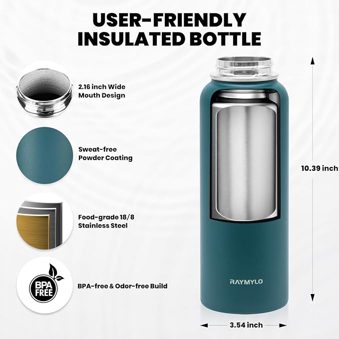 RAYMYLO Insulated Water Bottle 40 oz, Triple Wall Vacuum Stainless Steel (Cold for 36Hrs, Hot for 18Hrs), Leak Proof & Non-BPA, Modern Water Flask Jug with Paracord Handle & Straw Spout Lids