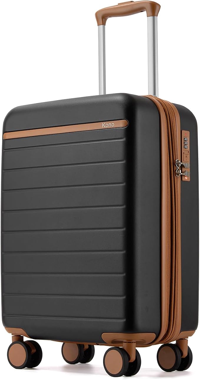 Kono Expandable 20 Inch Carry On Suitcase Airline Approved, Lightweight ABS+PC Hardshell Luggage with 360° Silent Spinner Wheels, Black/Brown