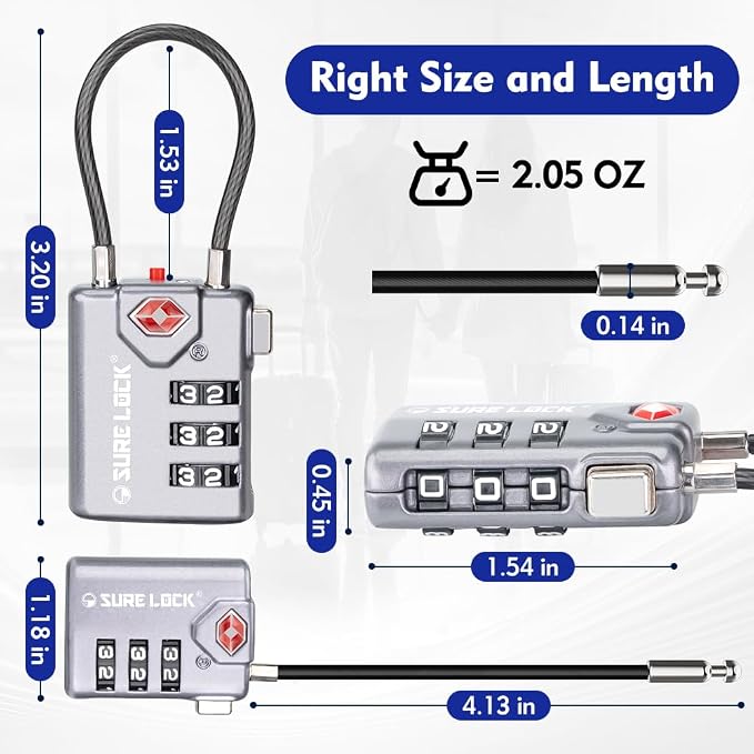 SURE LOCK TSA Approved Luggage Locks with Open Alert Indicator, 3 Digit Combination Cable Travel Lock for Suitcase, Backpack, Gym Locker, Toolbox & Travel Bag(Grey 4 Pack)