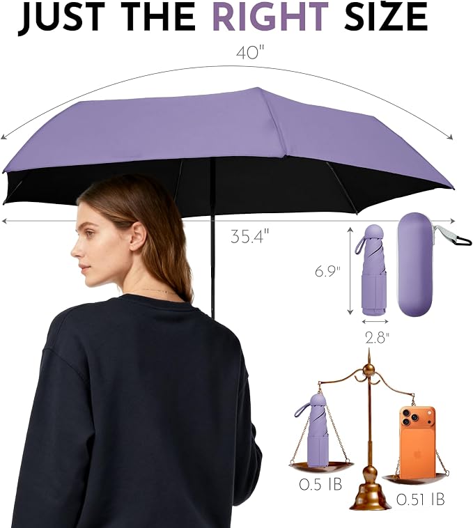 Travel Mini Umbrella Compact Small & Lightweight, UV Rain Protection, Pocket-Sized Folding Umbrellas with Quickdraw & Case for Men Women & Kids Backpack