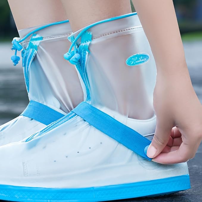 Rain Shoe Covers, 5 Pairs, Reusable, Non-Slip, Waterproof PVC, Mid-Calf, for Gardening, Cycling, Fishing, Walking in Rain, Snow, and Mud (Blue, S (EU 35-36))