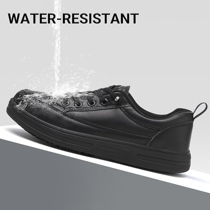 Treesky Black Slip On Non Slip Work Shoes for Women, Faux Leather Sneakers | Slip resistant soles, water resistant faux leather, wipe clean, EVA cushioning, no-tie slip-on, for kitchen & food service