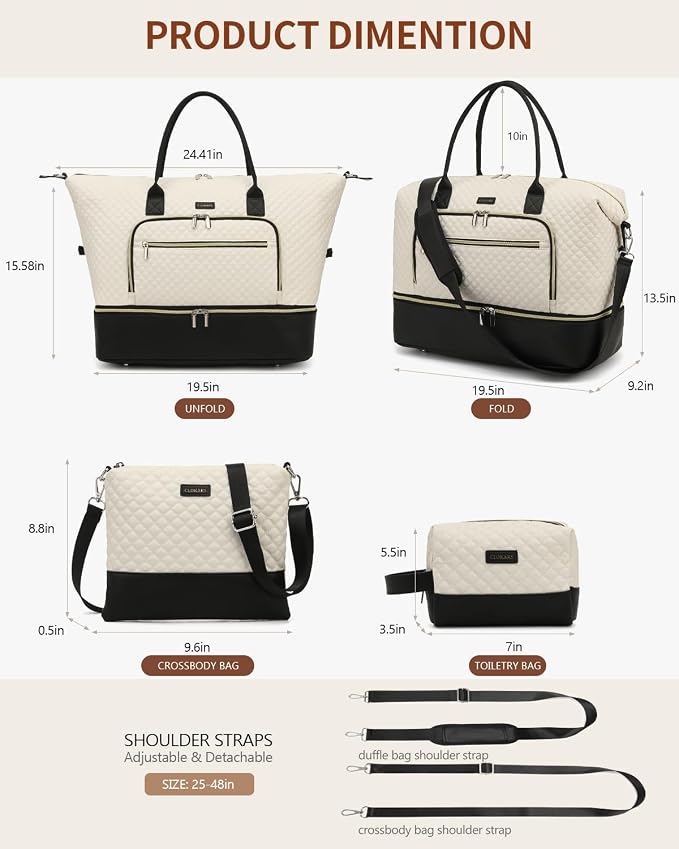 Weekender Bags for Women Travel, Under Seat Carry On Bags for Airplanes Overnight Bag with Shoe Compartment Luggage Sleeve, Foldie Travel Tote Bag Hospital Bag, Travel Gifts, White Black