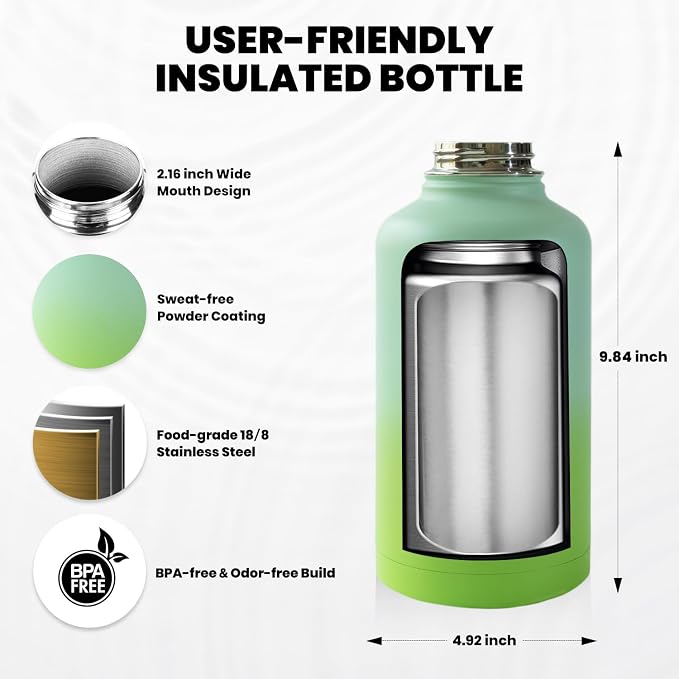 RAYMYLO Insulated Water Bottle 64 oz, Triple Wall Vacuum Stainless Steel (Cold for 48 Hrs), Leak Proof & Non-BPA, Half Gallon Water Flask Jug with Paracord Handle & Straw Spout Lids