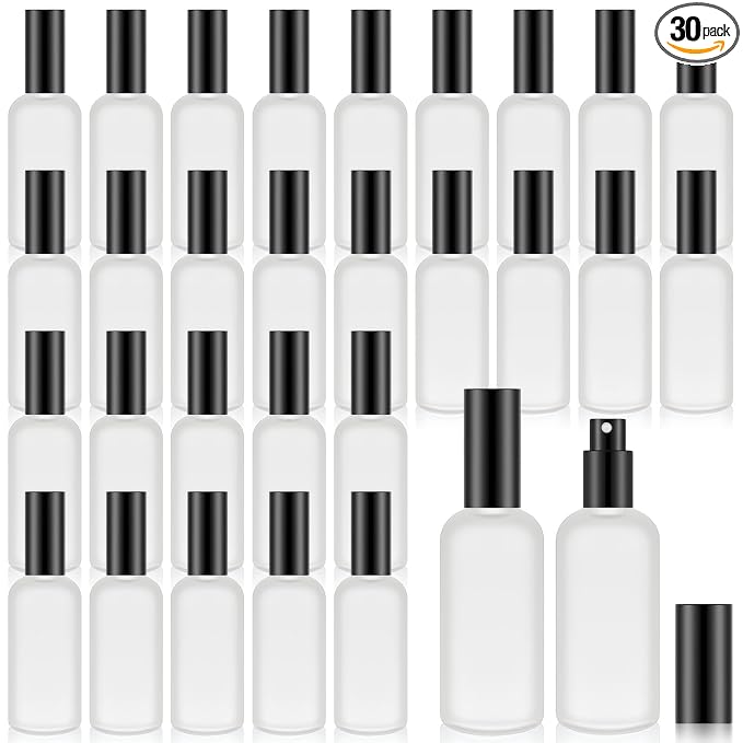 Roshtia 30 Pcs Glass Spray Bottle Clear Empty Bottles Small Refillable Reusable Perfume Bottle with Fine Mist Sprayer Pump for Face Body Travel(3.4 oz,Black)