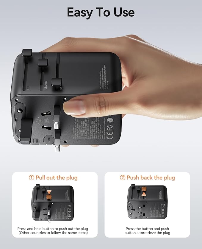 ORICO 70W Universal Travel Adapter with 2 AC Outlets and 3 USB-C and 2 USB-A Ports, Built-in Retractable USB-C Cable, Type A, C, G, I Outlets, International Travel Adapter for Global Travel