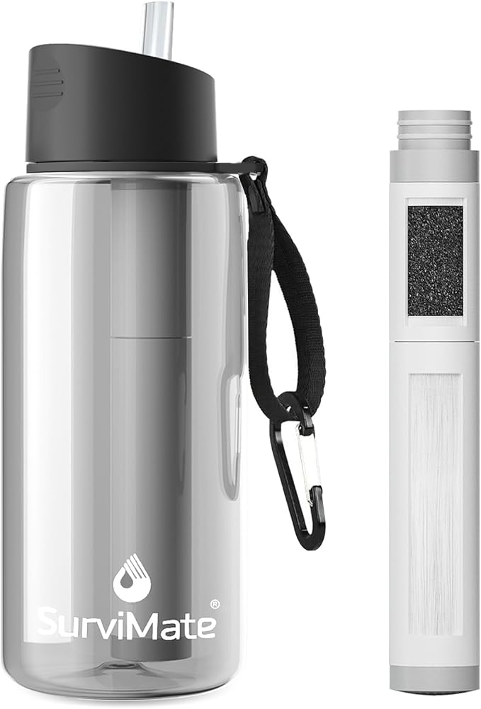 SurviMate 5-Stage 0.01μm Ultra-Filtration Filtered Water Bottle, BPA-Free Material, NSF/ANSI 42 Certified, Portable Water Filter Bottle for Survival, Camping, Hiking, and Emergency Use