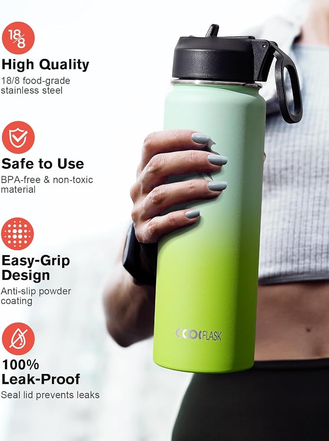 Coolflask Water Bottle 20 oz Insulated with Straw, Stainless Steel Metal 3 Lids Water Flask Wide Mouth for Sports or Office, Non-BPA Keep Cold Up to 48 Hrs or Hot Up to 24 Hrs, Ombre Green