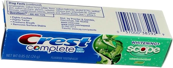 Crest Complete Whitening Plus Scope Minty Fresh Toothpaste, Travel Size, TSA Approved, 0.85 Ounce (Pack of 12)