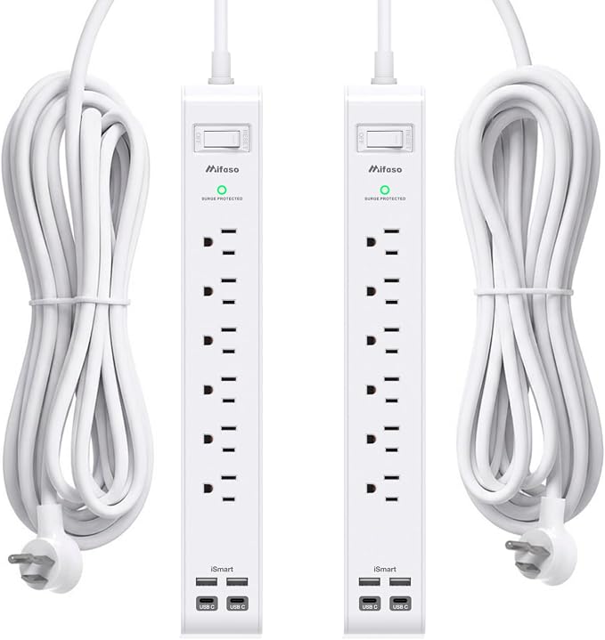 2 Pack Power Strip, Extension Cord 15FT, Surge Protector with 6 Outlets and 4 USB Ports (2 USB C), Flat Plug Overload Protection, Extension Cord with Multiple Outlets, Wall Mount for Home Dorm College