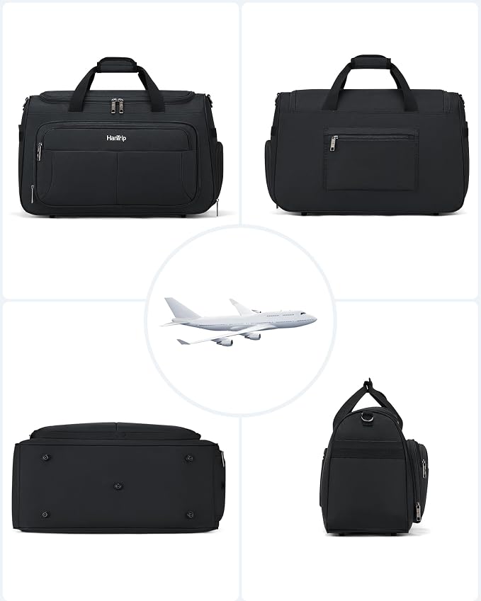 HanTrip Carry on Duffel Bag Foldable Duffle Bags for Travel, Large Personal Item Bags for Airplanes, Weekender Overnight Mens Travel Tote Bag for Women Softside Carry on Luggage (Black)