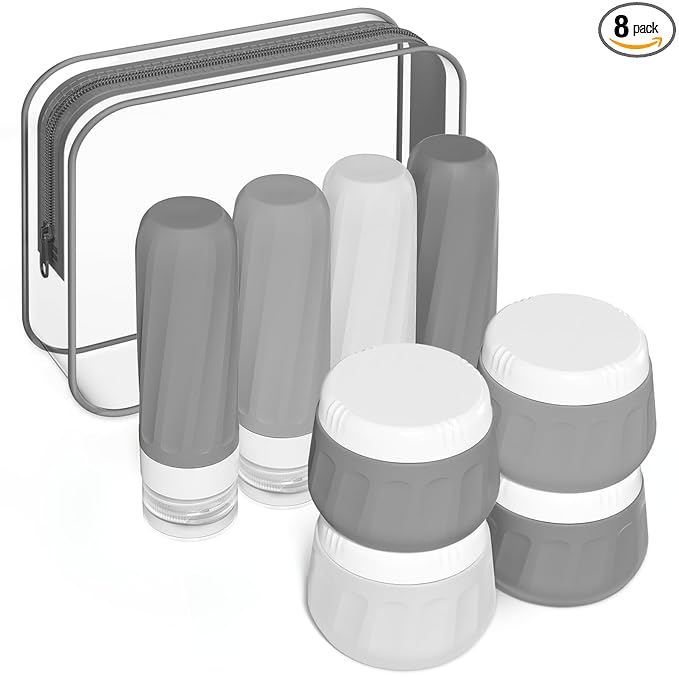 Mrsdry Travel Size Toiletries 8 Pack, TSA Approved 3oz Silicone Squeeze Bottles & Cream Jars with Clear Travel Bag