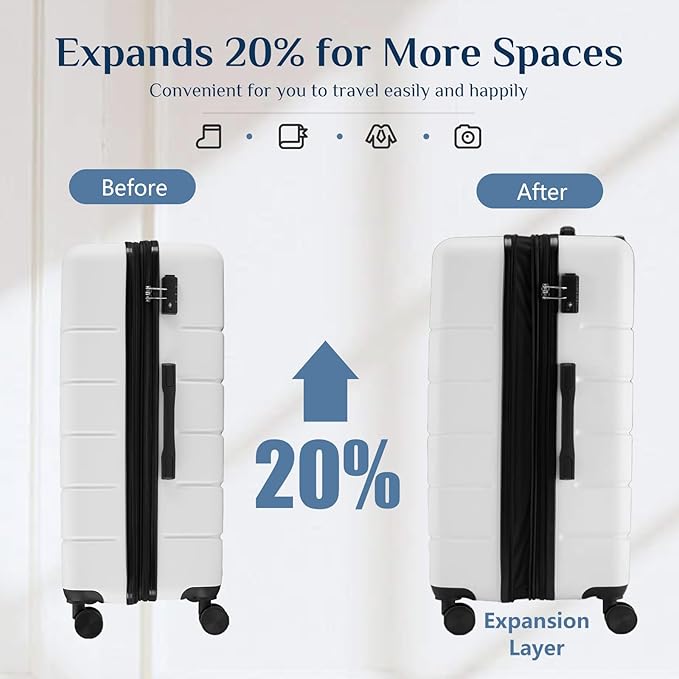 NEWBULIG 24 Inch Checked Luggage, ABS Hard Shell Lightweight Rolling Expandable Suitcase with Smooth Spinner Wheels and TSA Lock for Business Trips and Daily Vacations, White