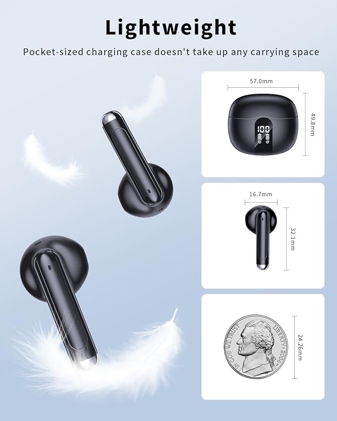 Wireless Earbuds, 2026 Bluetooth 5.4 Headphones Bass Stereo Ear Buds with Noise Cancelling Mic, LED Display in Ear Earphones 50H Playtime Ear Buds, IP7 Waterproof for Laptop Pad Phones, Pure Black