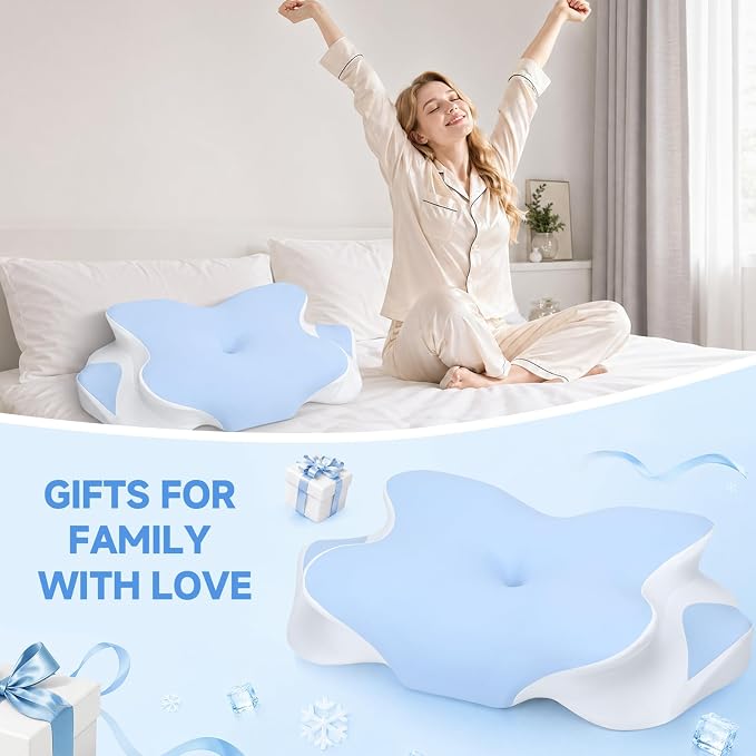 2026 New Cooling Memory Foam Pillow with Ice Silk Cover, Ergonomic Cervical Neck Support Pillow for Pain Relief, Nature Cooling Gel Pillow for Hot Sleepers Night Sweats, Side Sleeper Pillow (Blue)