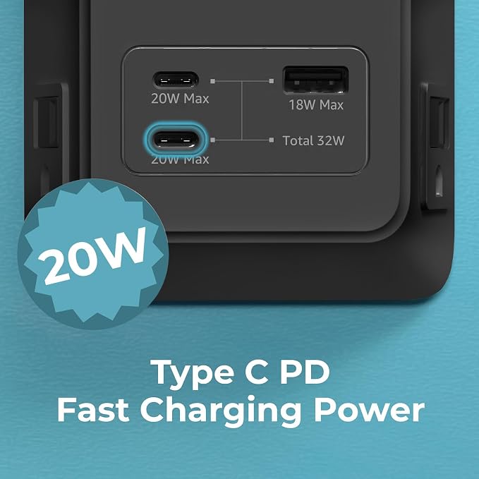 Travel Depot PD USB Wall Charger Surge Protector, 5 Outlet Extender 2 USB C & 1 USBA Charging Ports, Fast Charge 3 Sided Power Strip Multi Plug Outlets Wall Adapter for Home Office, ETL Listed (Black)