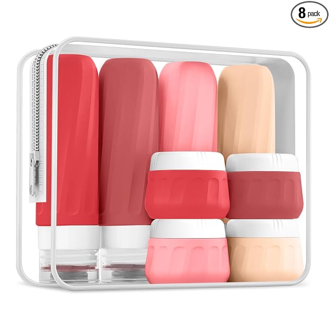 Mrsdry Travel Size Toiletries 8 Pack, TSA Approved 3oz/1oz Silicone Refillable Containers with Clear Travel Bag