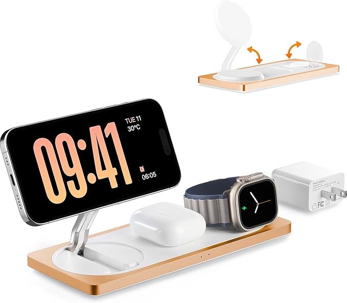 PETINO 3 in 1 Wireless Charging Station for Apple Devices with MagSafe | For iPhone 17/Air/16/15/14/13/12, AirPods & Apple Watch, Foldable Portable Aluminum Charging Stand, Adapter Included