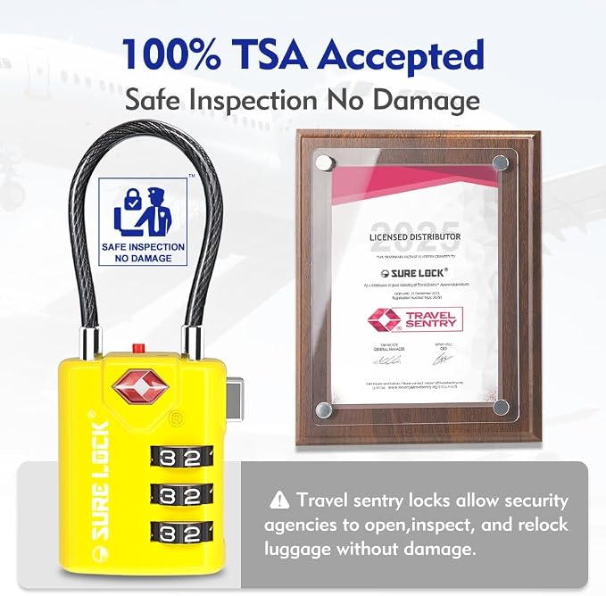 SURE LOCK TSA Approved Luggage Locks with Open Alert Indicator, 3 Digit Combination Cable Travel Lock for Suitcase, Backpack, Gym Locker, Toolbox & Travel Bag(2, Yellow)