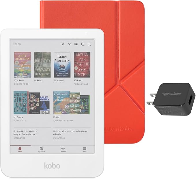 Kobo Clara Colour eReader (White) with Case Bundle (Cayenne Red SleepCover, Case + AC Bundle)