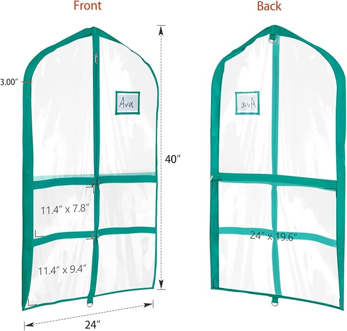 Univivi PVC Dance Costume Bags (3 Pack) Garment Bag 40 Inch for Dance Competitions, with 4 Medium Clear Zipper Pockets and 1 Large Back Zippered Pocket - Clear Blue Green