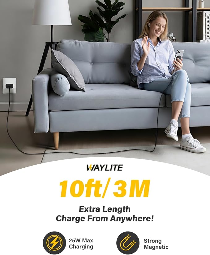 25W Magnetic Wireless Charger, 10FT Fast Charging Pad Wireless Charge for iPhone 17 16 /AirPods3/2/Pro/for Galaxy S26 Ultra/Pixel 10 Series, Portable Charger for Desk& Travel(1Pack,Black)