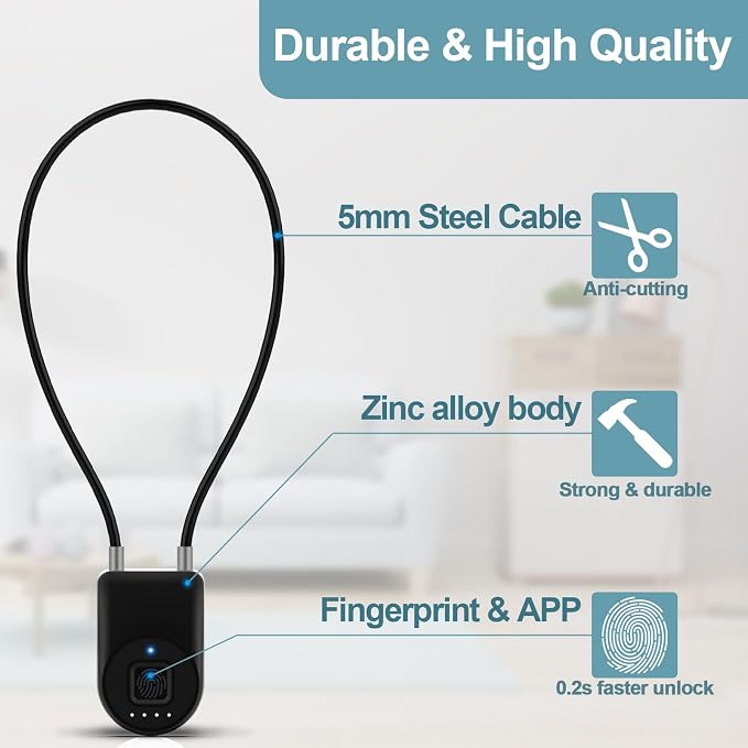 Fingerprint Cable Lock, 6" Long Cable Smart Padlock with Fingerprint Bluetooth APP, Keyless Biometric Waterproof Outdoor Gate Lock for Refrigerator French Door Fence Backyard Pantry