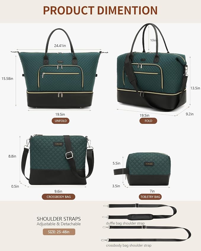 Weekender Bags for Women Travel, Under Seat Carry On Bags for Airplanes Overnight Bag with Shoe Compartment Luggage Sleeve, Foldie Travel Tote Bag Hospital Bag, Travel Gifts, DarkGreen Black
