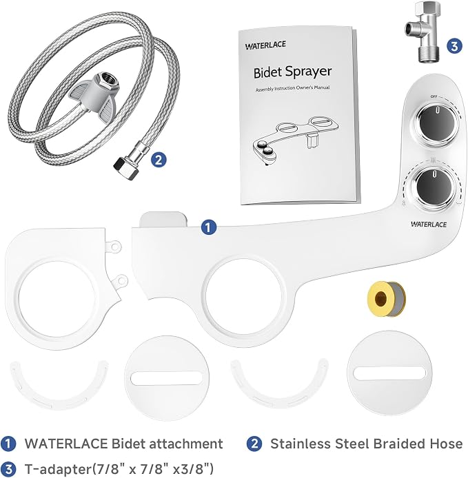 WATERLACE Bidet Attachment for Toilet Seat Water Pressure - Non Electric Bidets Self Cleaning Sprayer - Dual Nozzle Bidet Attachments Toilets Spray - Adjustable Bidets Wash Butt Cleaner for Bathroom