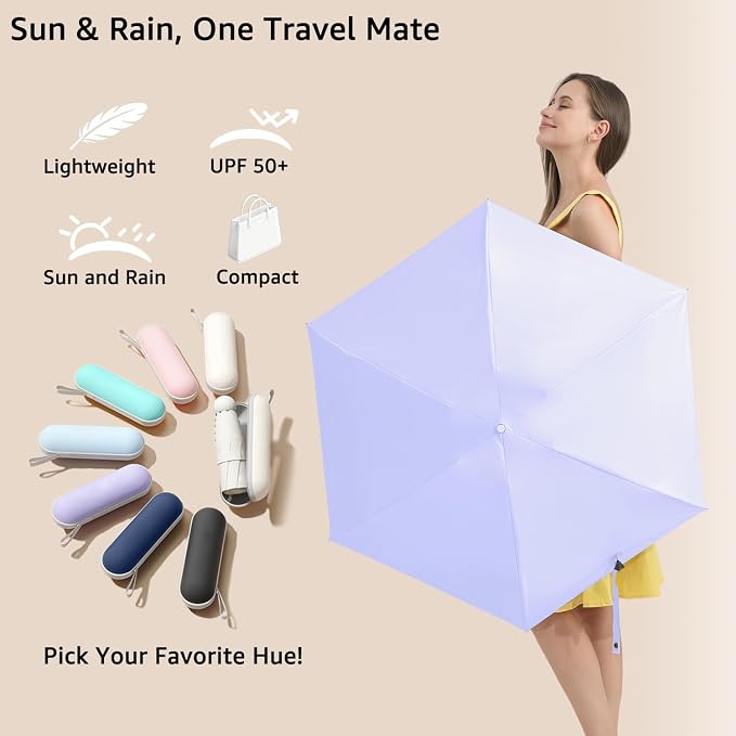 BAODINI Travel Essentials Mini Umbrella for Purse With Case Small Compact UV Sun Protection Lightweight Tiny Pocket Manual Open Close Umbrella for Women Kids and Men Fits Purse Backpack