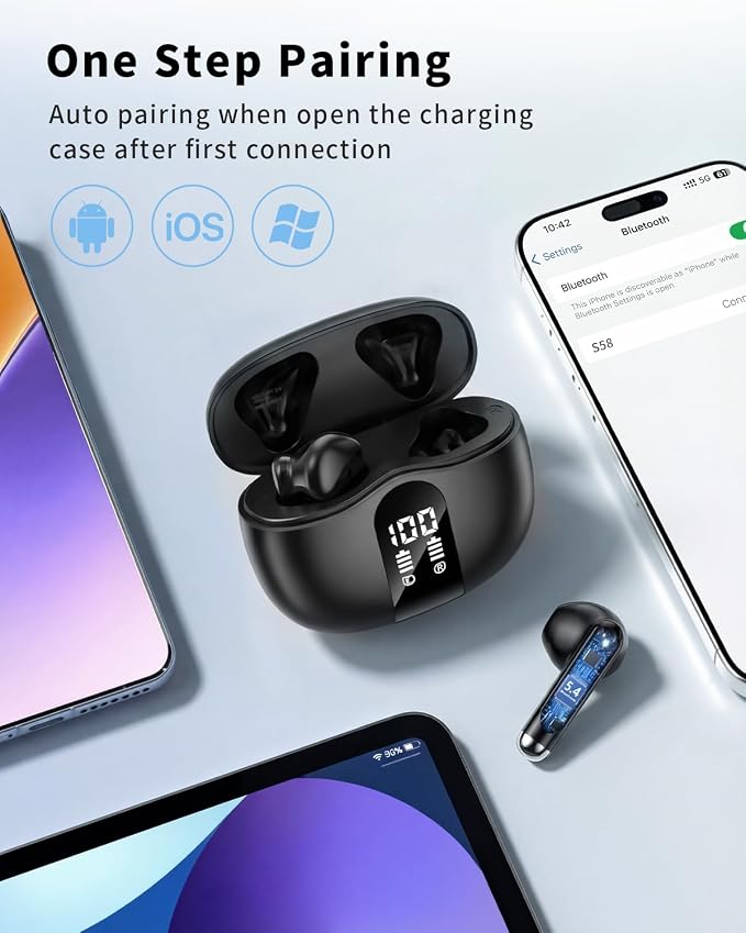 Wireless Earbuds, 2026 Bluetooth 5.4 Headphones Bass Stereo Ear Buds with Noise Cancelling Mic, LED Display in Ear Earphones 50H Playtime Ear Buds, IP7 Waterproof for Laptop Pad Phones Deep Black