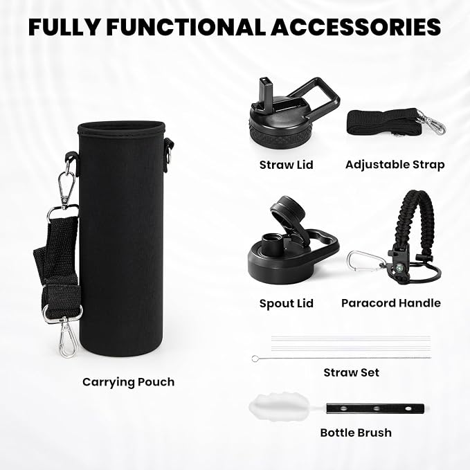 RAYMYLO Insulated Water Bottle 24 oz, Triple Wall Vacuum Stainless Steel (Cold for 24Hrs, Hot for 12Hrs), Leak Proof & Non-BPA, Modern Water Flask Jug with Paracord Handle & Straw Spout Lids