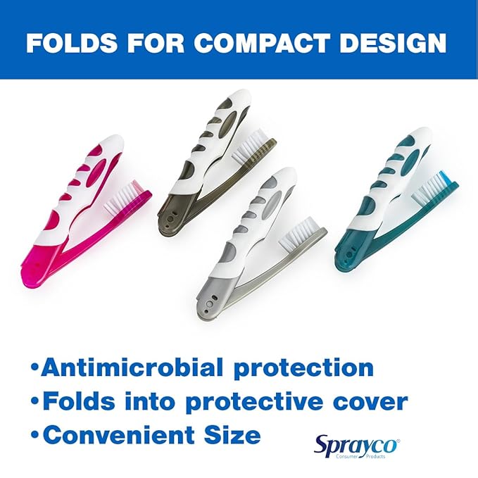 Sprayco Compact Foldable Travel Toothbrush with Microban, Built-in Cover, Soft Bristles & Ergonomic Handle, Multicolor, 4-Pack